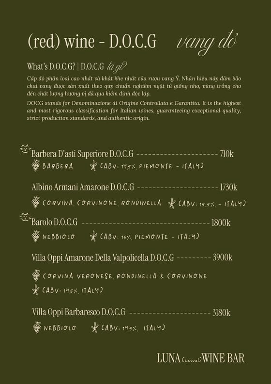 Red wine, D.O.C.G — what the Italian classification means, then five bottles from Barbera d'Asti to Amarone, 710k to 3900k.