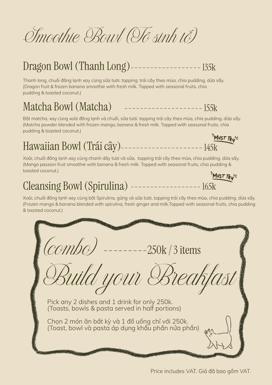 Smoothie bowls 135k to 165k, and the 250k build-your-own breakfast — any two dishes and one drink.
