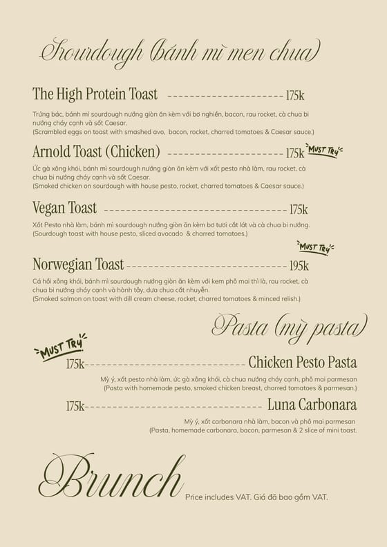 Sourdough toasts 175k to 195k, and pasta 175k. Arnold Toast, Norwegian Toast and Chicken Pesto Pasta are marked must try.