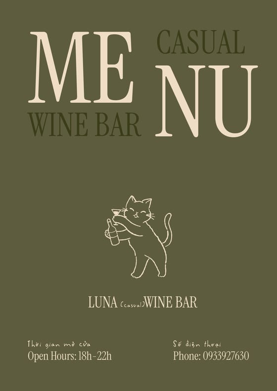 Cover of the casual wine bar menu — open 18:00 to 22:00, phone 0933927630.