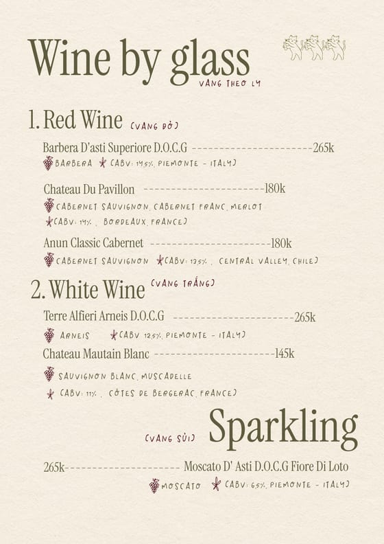 Wine by the glass, vang theo ly — red 180k to 265k, white 145k to 265k, sparkling 265k.