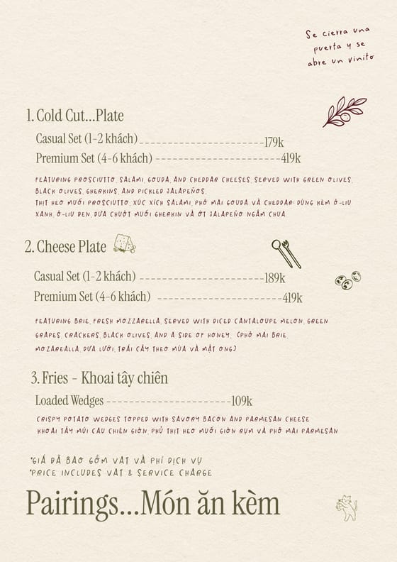 Pairings, món ăn kèm — cold cut plate 179k or 419k, cheese plate 189k or 419k, loaded wedges 109k.