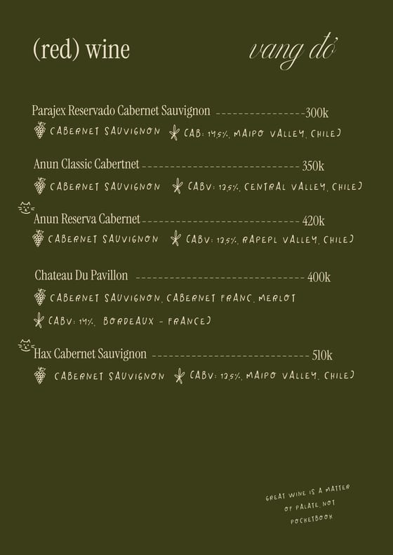 Red wine, vang đỏ — five Cabernet-led bottles from Chile and Bordeaux, 300k to 510k.